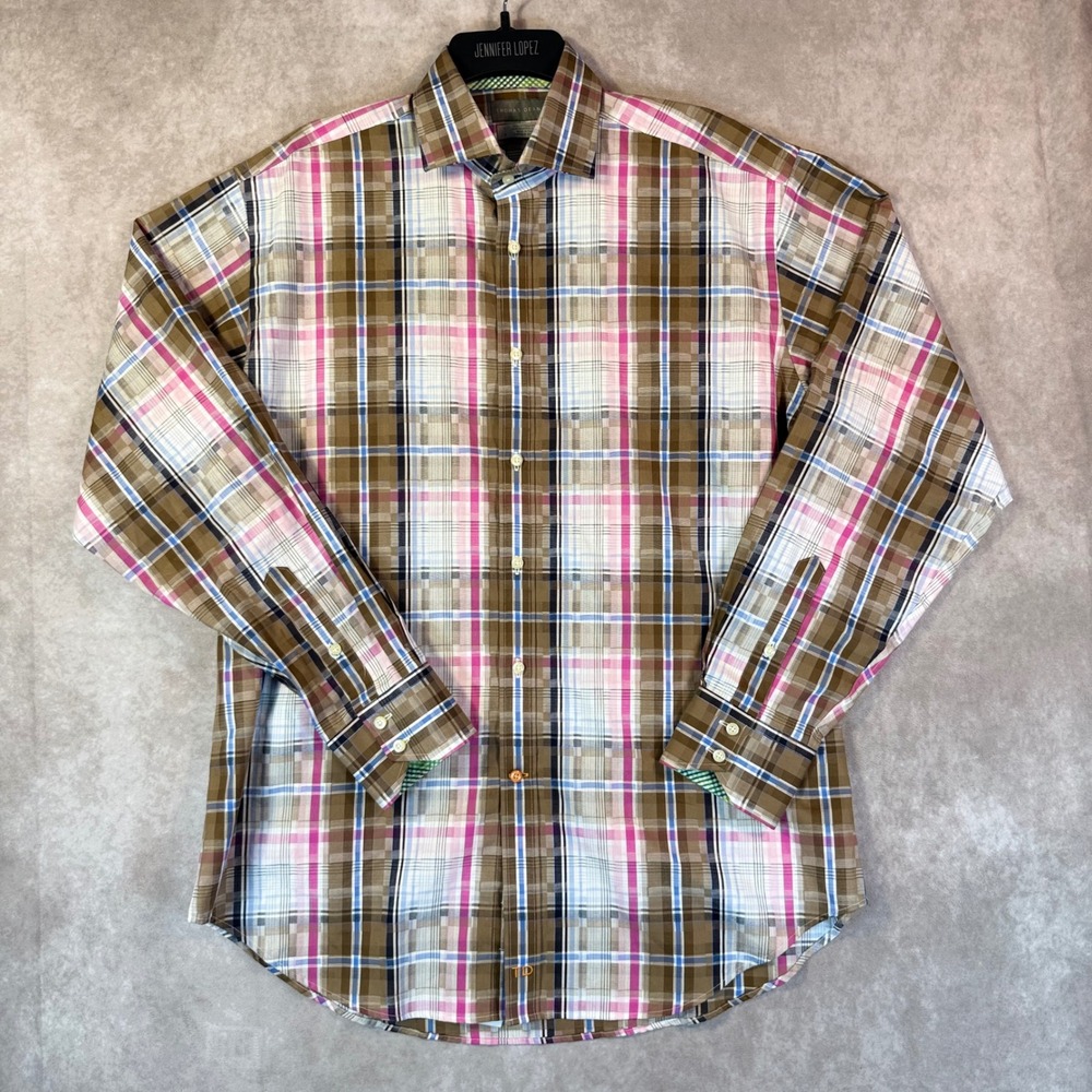 Thomas Dean Shirt Mens L Brown Pink Plaid Shirtmaker Cloth Button Preppy Spring